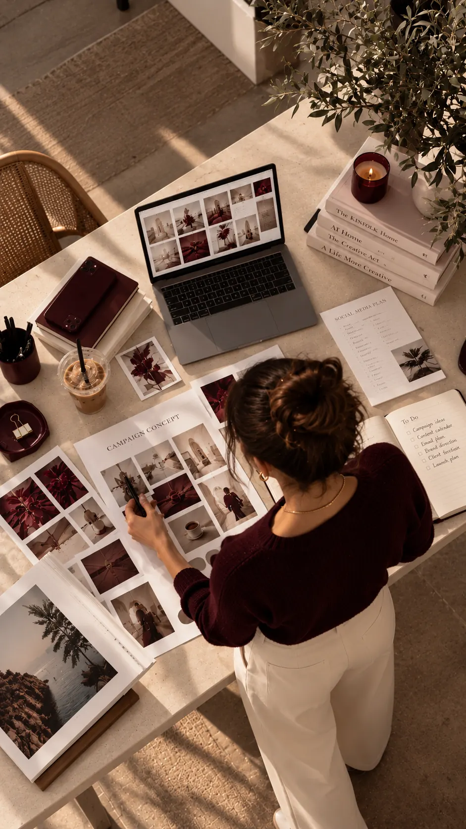 Woman planning a campaign concept at a desk with a laptop, social media plan and burgundy moodboard