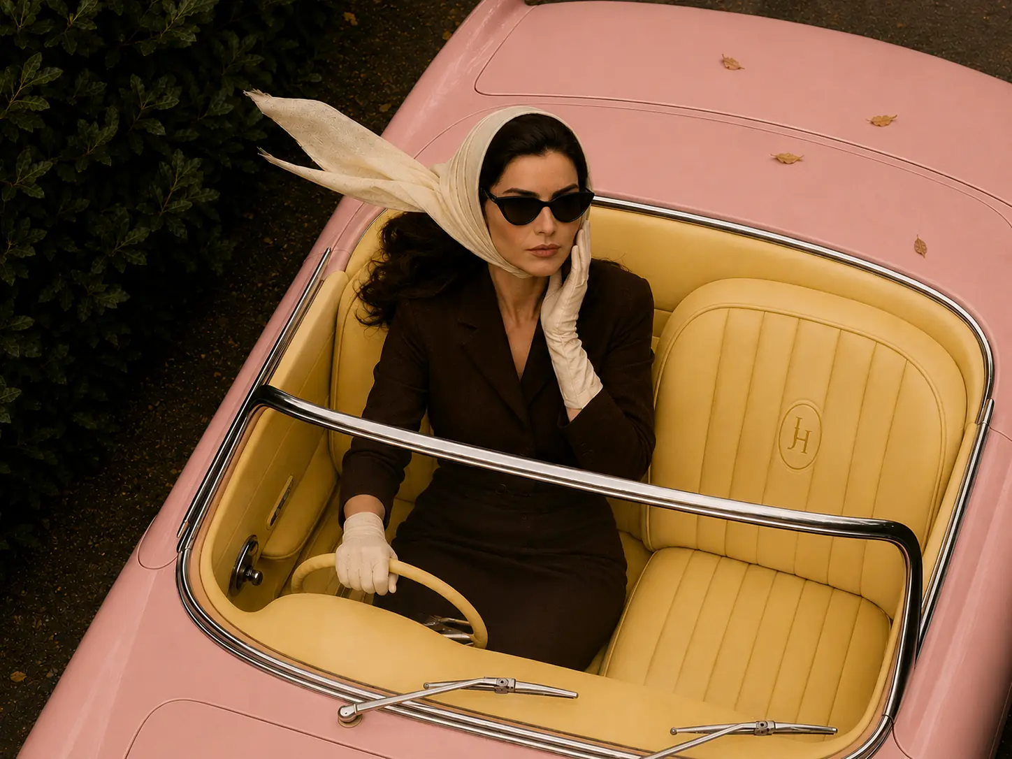 Woman in a silk headscarf and sunglasses driving a vintage pink convertible with a JH monogrammed seat