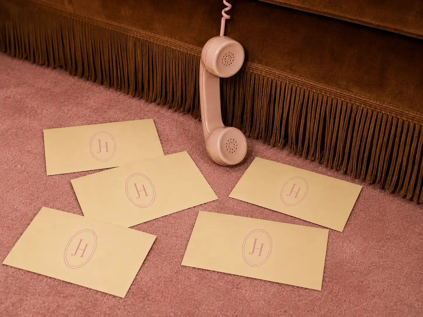 Vintage pink telephone receiver hanging beside Jayne Hill Studio monogrammed cards on a pink carpet