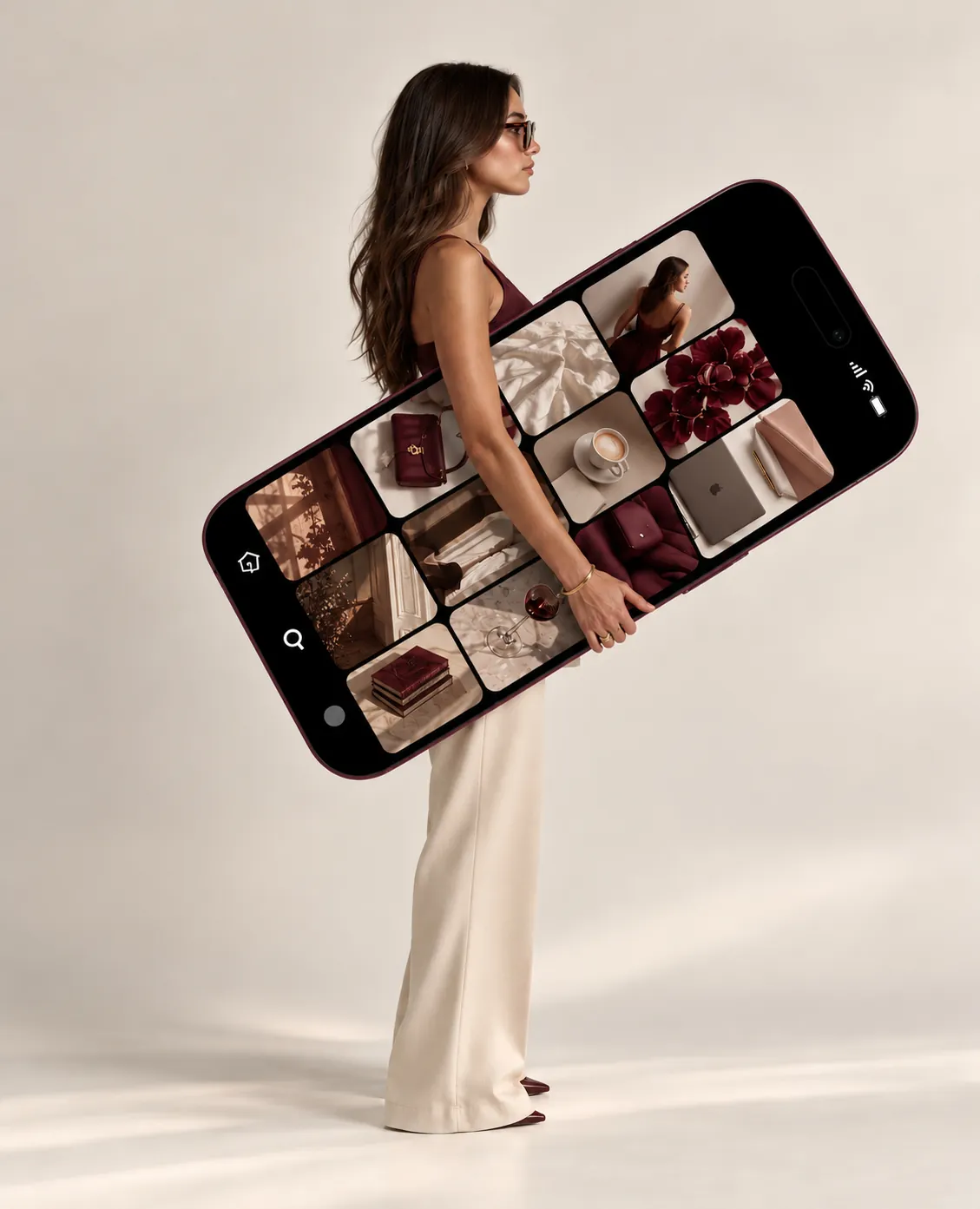 Woman carrying an oversized phone showing a Jayne Hill Studio social media grid